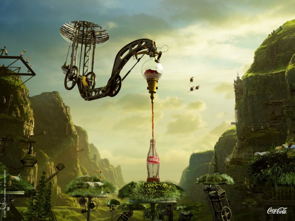 A mechanical arm fills a Coca-Cola bottle in an imaginative, lush landscape with green cliffs and floating platforms, creating an interactive digital experience.