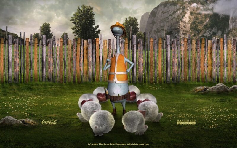 An animated character in an orange vest stands on grass, surrounded by hedgehogs in front of a wooden fence and trees. "Coca-Cola" and "Happiness Factory" logos are visible, creating an engaging interactive digital experience.