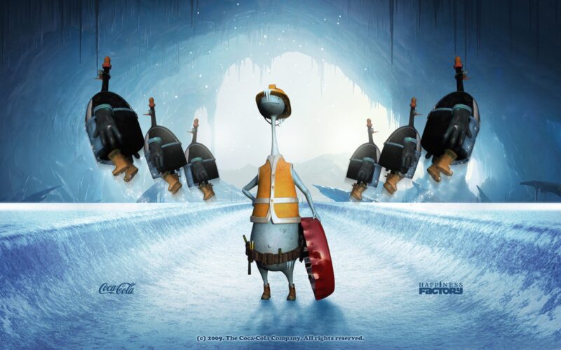 A penguin wearing a construction hat and vest stands in an icy environment holding a red disc, facing four identical machine-like robots. The scene has a logo for Coca-Cola and "Happiness Factory.