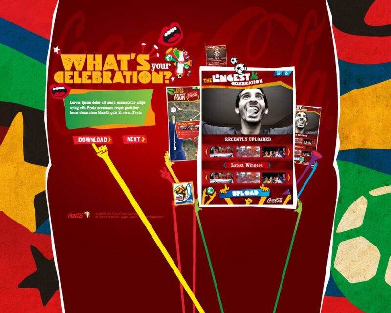 A colorful Coca-Cola themed webpage asks, "What's your celebration?" featuring options to download, upload, and view content, along with images of a soccer ball and a person celebrating.