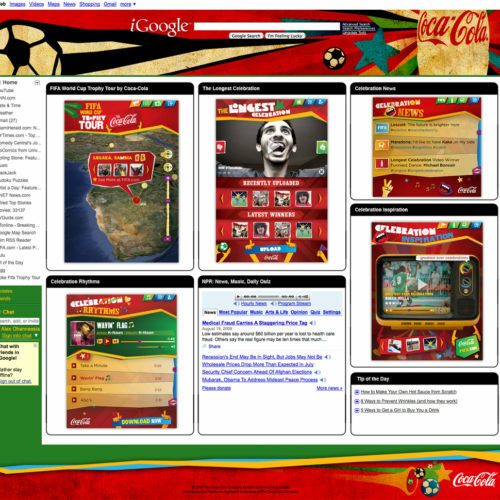 A web page with Coca-Cola branding features various World Cup-themed sections including a map, celebration videos, news, rhythms, and games.