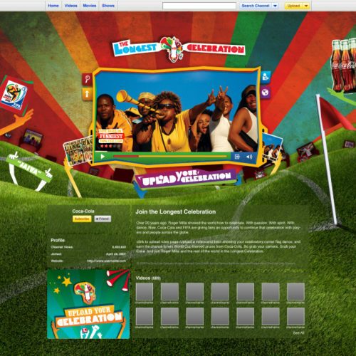 A YouTube webpage featuring a Coca-Cola sponsored campaign called "The Longest Celebration." The campaign invites users to upload their celebratory videos. The page is colorful with grass and flags.