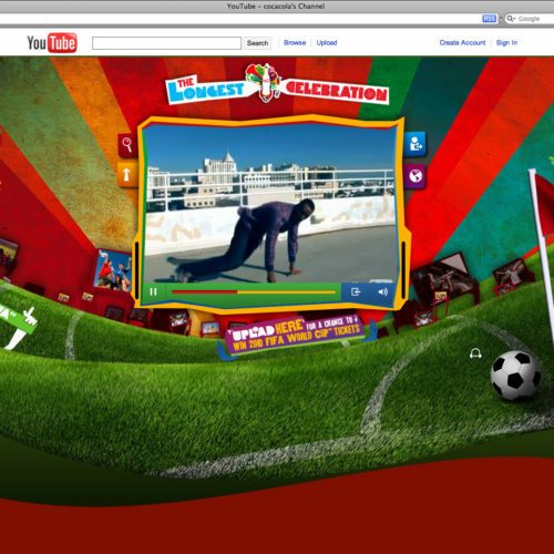 A webpage featuring a YouTube video titled 'The Longest Celebration.' The background has a soccer theme with images of players, a soccer ball, and colorful graphics.