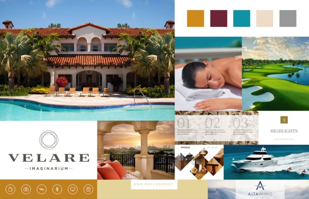 Collage featuring a luxury villa with a pool, a relaxing woman receiving a massage, scenic landscapes, a yacht, and color swatches. Includes logos for "Velare Imaginarium" and "AlTawing," highlighting the essence of luxury real estate branding and other upscale amenities.