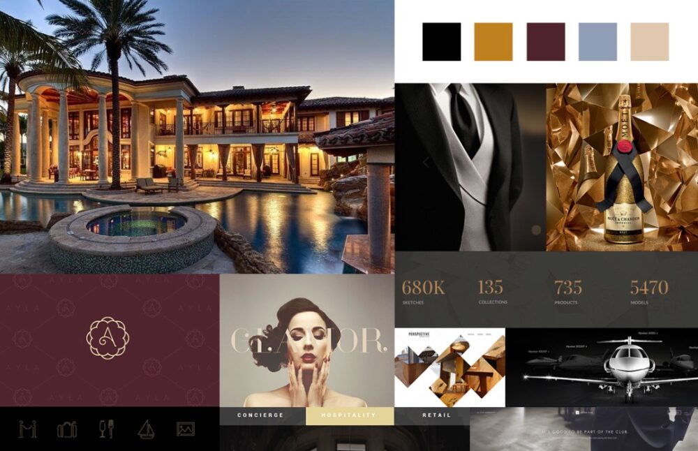 A collage featuring a luxury mansion, a man in a suit, champagne bottles, a private jet, and a color palette. The bottom section showcases luxury real estate branding with concierge, hospitality, and retail services statistics.