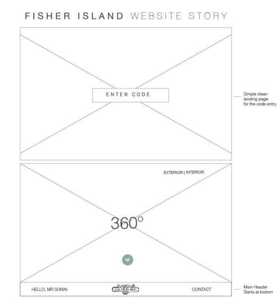 A luxury real estate branding webpage design for Fisher Island features a code entry box, a 360-degree view option, and sections for exterior, interior, contact, and main header at the bottom.