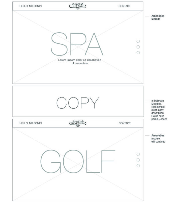 A webpage design layout showcasing headings "SPA" and "GOLF," adorned with placeholder text and navigation links, seamlessly integrating luxury real estate branding.