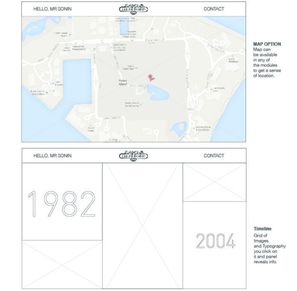Website blueprint design for luxury real estate branding, featuring a map on the top section and a timeline from 1982 to 2004 on the bottom section. The header includes text "Hello, Mr. Sonin" and "Contact".