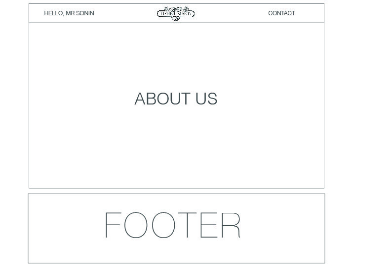 A simple web page design with a "Hello, Mr. Sonin" greeting, a contact link at the top, an "About Us" section in the middle highlighting our luxury real estate branding expertise, and a footer at the bottom.