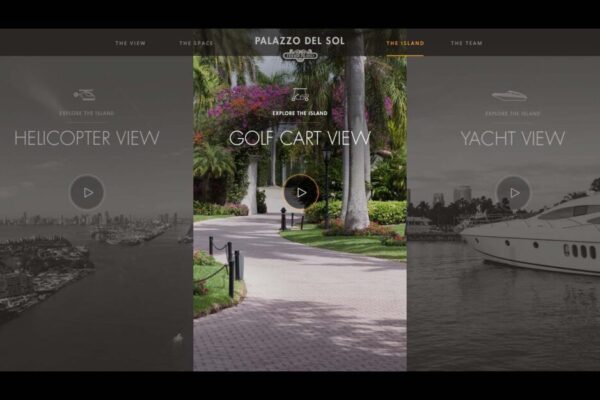 A website interface displaying three view options: helicopter view, golf cart view, and yacht view of Palazzo Del Sol. The central section shows a pathway surrounded by greenery for golf cart view.