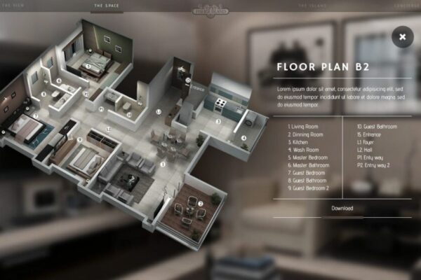 A 3D floor plan (B2) showing a layout with 2 bedrooms, 2 bathrooms, kitchen, living room, dining room, study, and several labeled sections. Download button and text description are also visible.