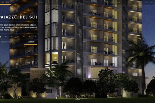 Night view of a modern multi-story residential building named Palazzo Del Sol, surrounded by trees and illuminated by exterior lights.