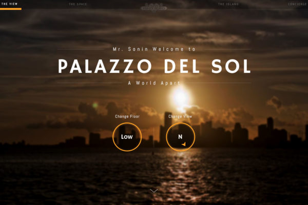 A sunset view over water with a city skyline in the background. The screen shows options to change floor and view, with text reading "Mr. Sonin Welcome to PALAZZO DEL SOL A World Apart.