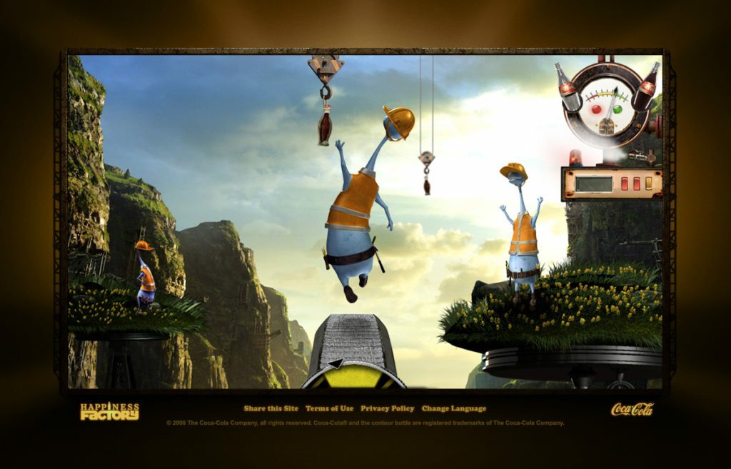 Animated blue characters in construction gear and a crane on a grassy platform. The scene is set in a mountainous landscape with a vintage Coca-Cola clock. Text below includes sharing and policy options.