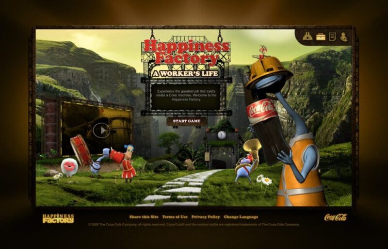 A whimsical animated scene depicts various characters inside a factory setting, featuring the Coca-Cola logo prominently. The title "Happiness Factory: A Worker's Life" is displayed at the top.