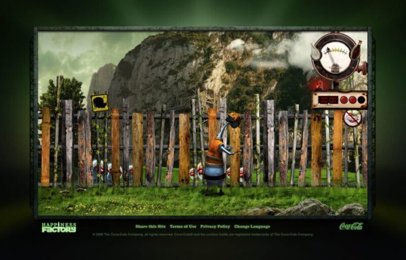 A fenced-in scene with a machine producing Coca-Cola bottles in a mountainous area. The text at the bottom mentions Happiness Factory, Terms of Use, and Privacy Policy. .
