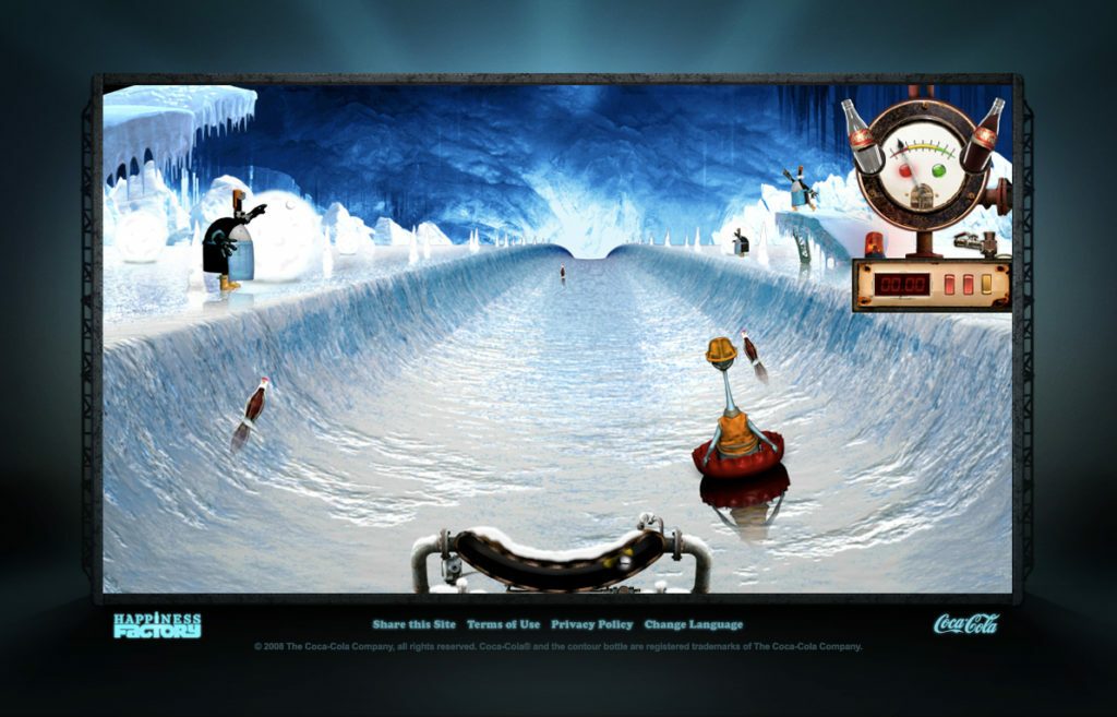 A person in a red boat navigates an icy canal inside a large cave, with various characters and objects scattered along the icy path. A gauge with a needle is situated on the right side.