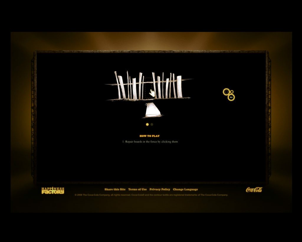 A game screen instructs to repair boards on a fence by clicking them. The interface features minimalistic graphics with white boards against a dark background. Coca-Cola branding is visible.