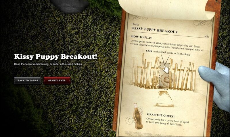 A parchment with "Kissy Puppy Breakout!" instructions and an illustration of a fenced area is held by a gloved hand. The screen also shows two buttons: "Back to tasks" and "Start level.