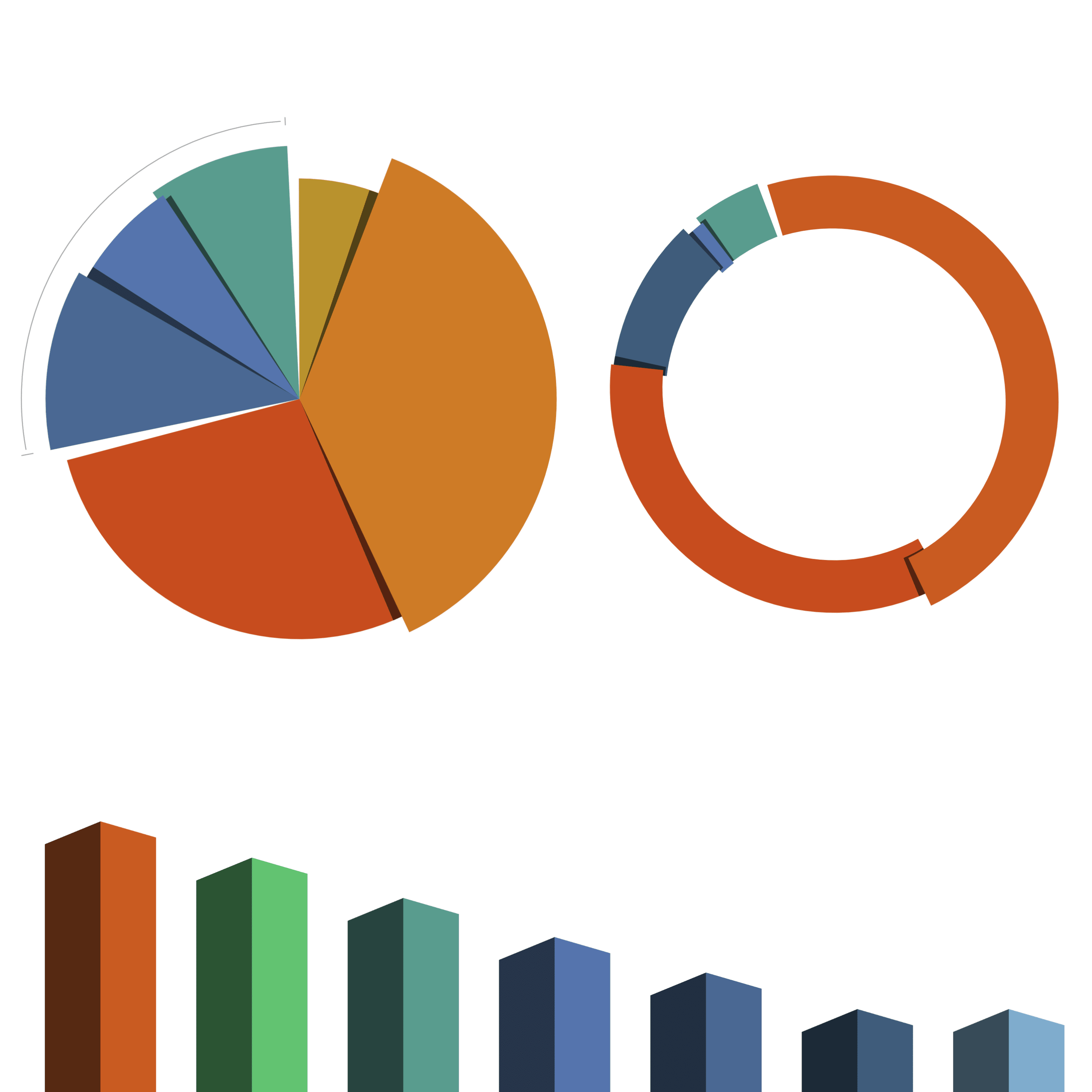 The image shows a set of data visualizations including a pie chart, a donut chart, and a bar chart, each with segments of varying colors representing different data categories.