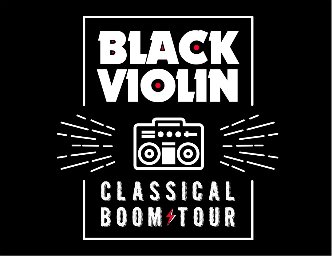 Black Violin Classical Boom Tour" text with a boombox graphic and radial lines on a black background—a perfect blend of modern music branding strategy.