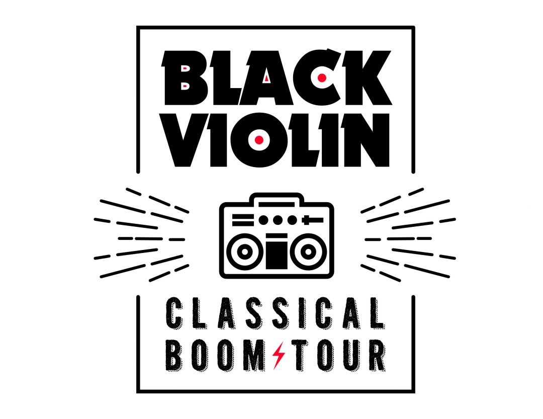 Logo for Black Violin's Classical Boom Tour featuring bold black text and a graphic of a boombox with sound waves, perfectly aligning with their music branding strategy.