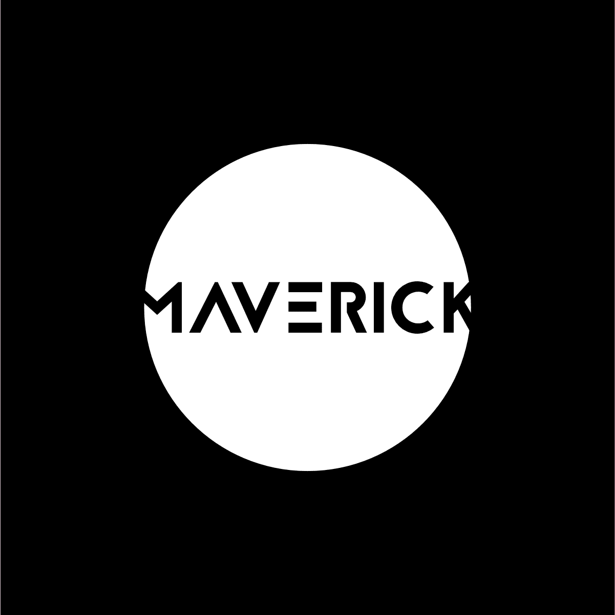 Black background with a white circle in the center containing the word "MAVERICK" in capital letters.