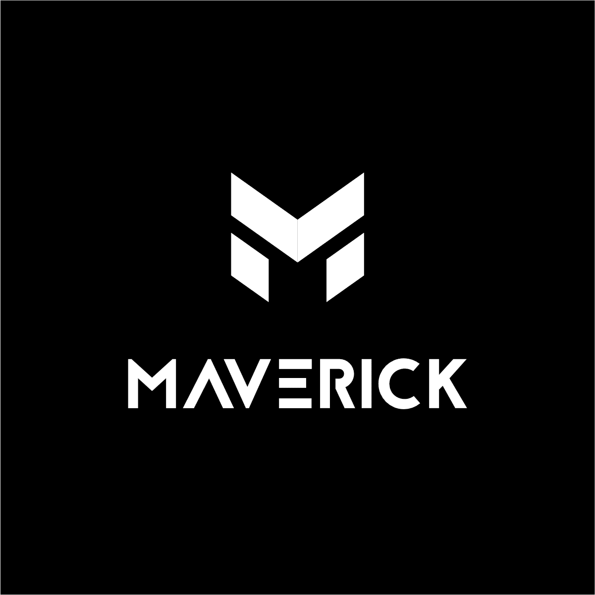 Black background with a stylized white "M" logo above the word "Maverick" in bold, uppercase letters.
