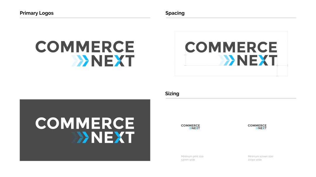 The image shows logo variations for "Commerce Next," with emphasis on spacing and sizing guidelines essential for conference branding. The logo features the text "COMMERCE NEXT" with blue arrows pointing right between the words.