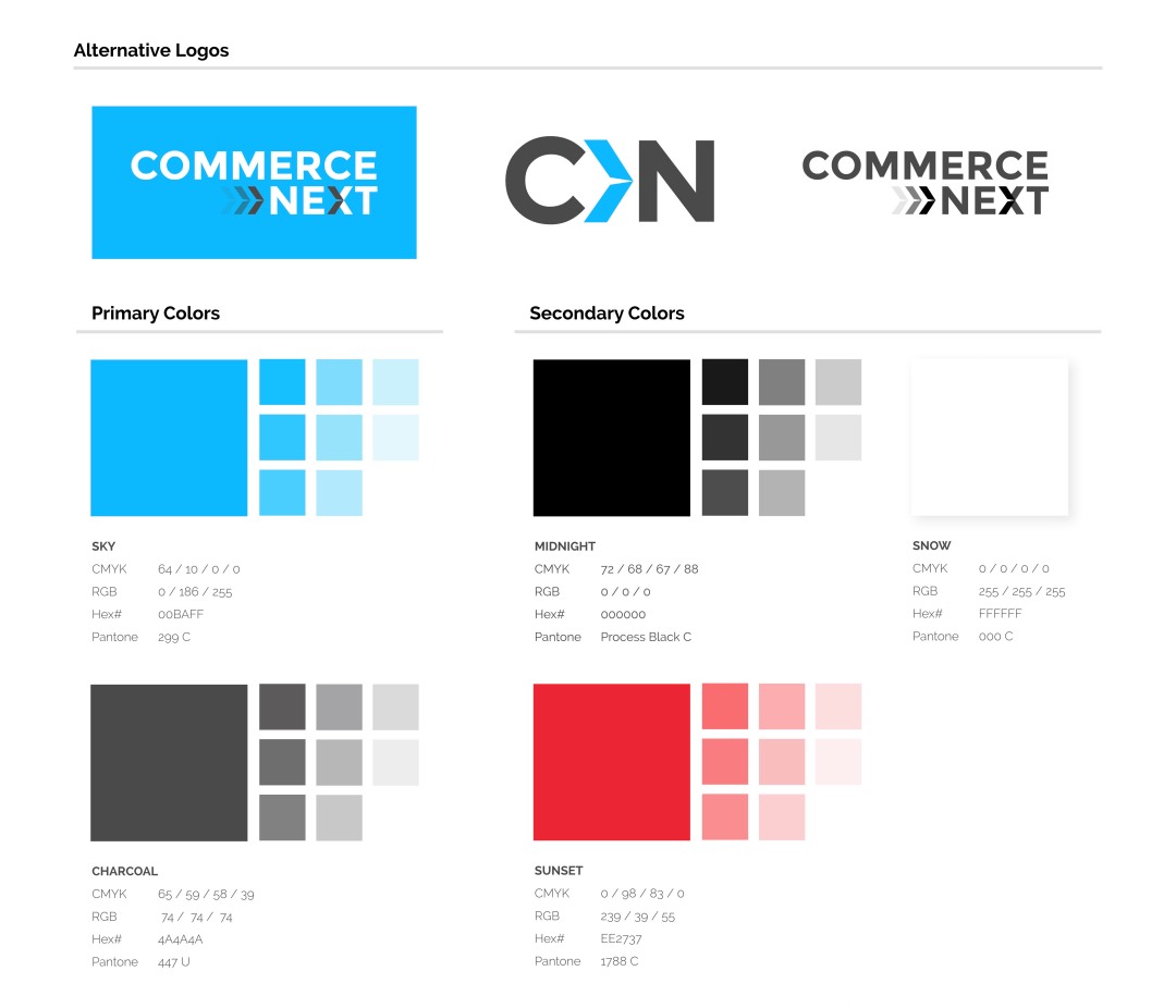 Image showcasing alternative logos for Commerce Next with their associated color palettes. Primary colors: Sky, Charcoal. Secondary colors: Midnight, Snow, Sunset. Each set includes CMYK, RGB, Hex, and Pantone codes—perfect for refining your conference branding strategy.