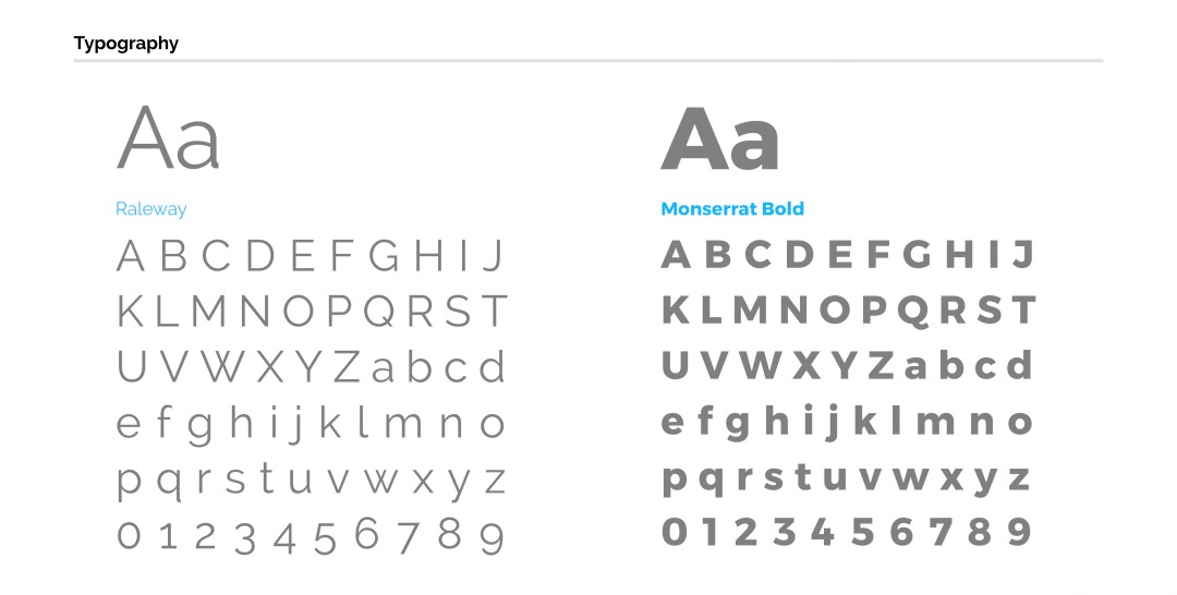 Comparison of two typefaces for conference branding strategy: On the left, Raleway with light and regular weights. On the right, Monserrat Bold. Both typefaces display uppercase, lowercase, and numerals.