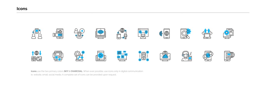 A set of various digital communication icon designs in color, displayed in rows, includes images of computers, mobile devices, people, and conference tools—perfect for enhancing your branding strategy.