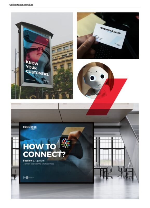 Collage of images featuring an outdoor advertisement with "Know Your Customers," a hand holding a business card, a robot, and an indoor digital sign reading "How to Connect? Session 1 / 3:30PM,” perfectly illustrating the branding strategy for the conference.