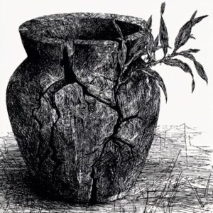 A cracked ceramic pot with a leafy plant growing through one of the cracks, depicted in a detailed black and white sketch style, captures encil the pencil branding’s signature artistic touch.