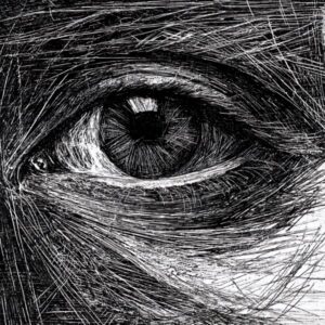 Black and white sketch of a human eye created with dense, overlapping lines and crosshatching, showcasing intricate details and texture—perfect for fans of the encil the pencil branding.