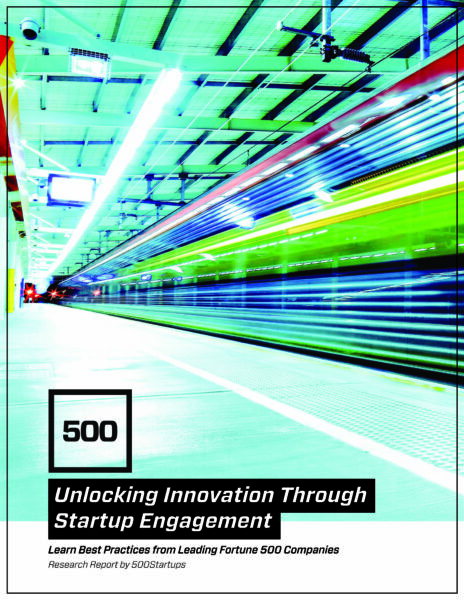 Cover of a research report titled "Unlocking Innovation Through Startup Engagement" by 500Startups, featuring a dynamic, blurred image of a train station.