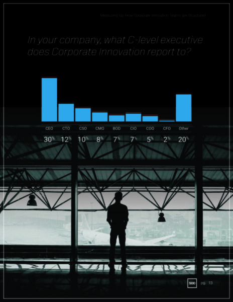Bar chart showing respondents' answers to the question, "In your company, what C-level executive does Corporate Innovation report to?" CEO: 30%, CTO: 12%, CSO: 10%, CMO: 8%, BOD: 7%, CIO: 7%, COO: 2%, CFO: 2%, Other: 22%.