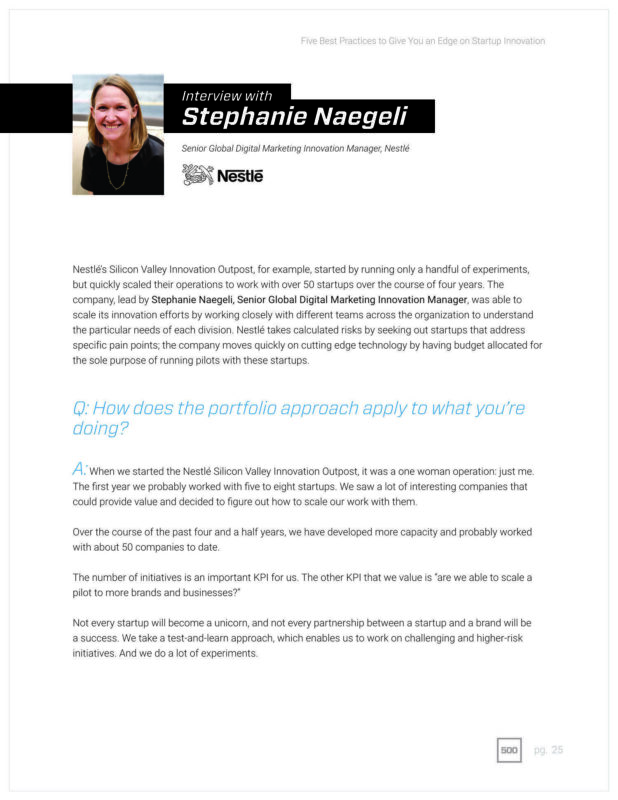 A page from a document showing an interview with Stephanie Naeggeli, Senior Global Digital Marketing Innovation Manager at Nestlé, discussing the company's approach to startup innovation.