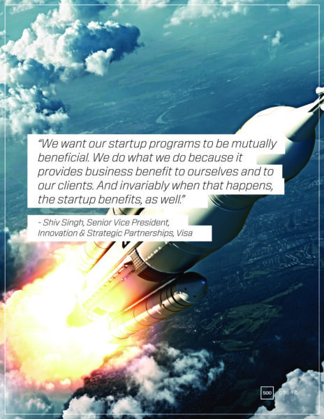 A rocket launching into space with a quote from Shiv Singh, Senior Vice President, Innovation & Strategic Partnerships, Visa, emphasizing mutual benefit in startup programs.