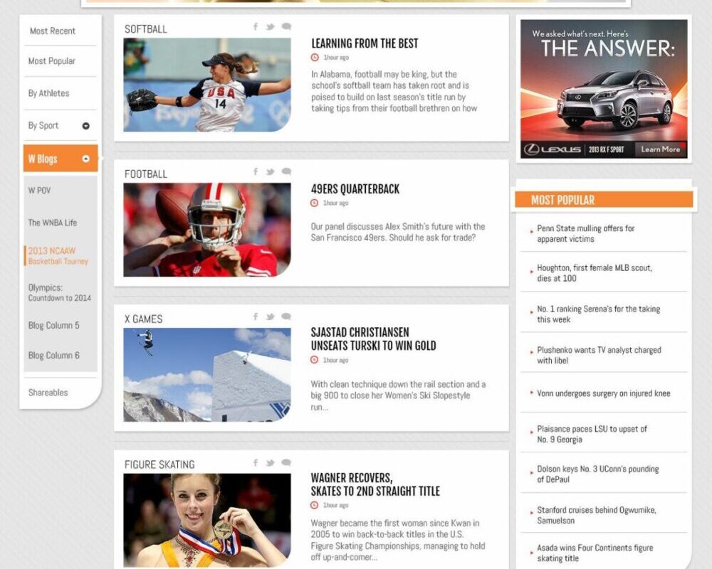 A screenshot of ESPN W's website showing sports news in categories like softball, football, X Games, and figure skating. Various headlines and images feature athletes and sports events.