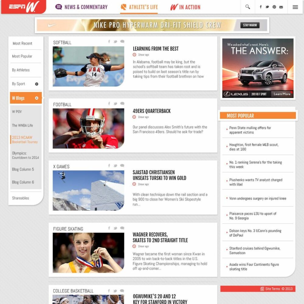 A screenshot of ESPN W's website showing sports news in categories like softball, football, X Games, and figure skating. Various headlines and images feature athletes and sports events.