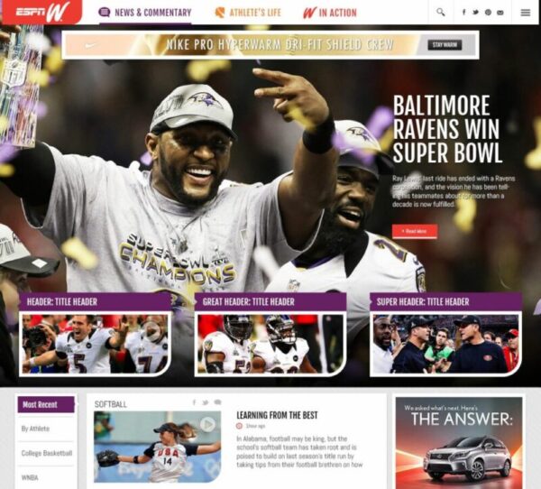 Screenshot of ESPN W website showing Baltimore Ravens winning Super Bowl, featuring jubilant players lifting the trophy. Headlines and thumbnails of related articles are visible below the main image.