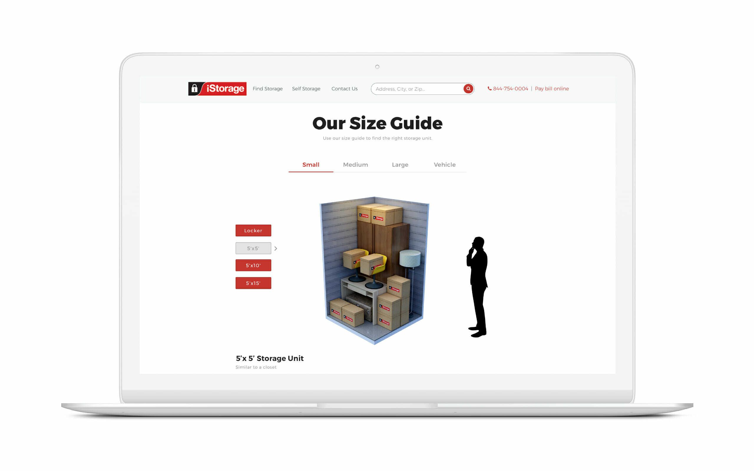 A laptop screen displays a storage size guide for "iStorage," showing a 5' x 5' unit with boxes and furniture, alongside a human silhouette for scale.