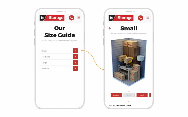 Two smartphone screens showing the iStorage app. The left screen displays size options (Small, Medium, Large, Vehicle), and the right screen shows various boxes in a small-sized storage unit.