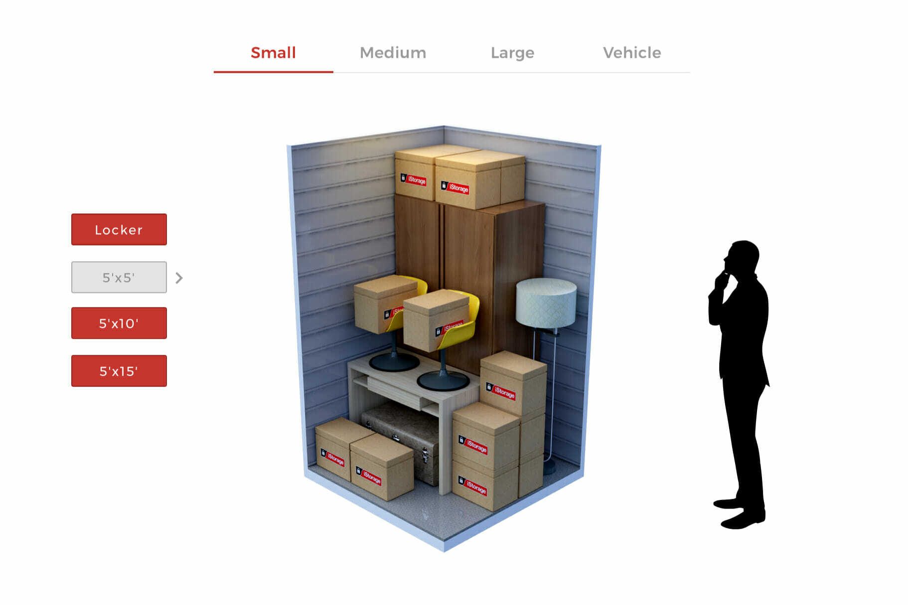 A small storage unit containing several stacked boxes, a chair, a table, and a lamp, with a silhouette of a person standing beside it for scale. Options for different unit sizes are shown on the left.
