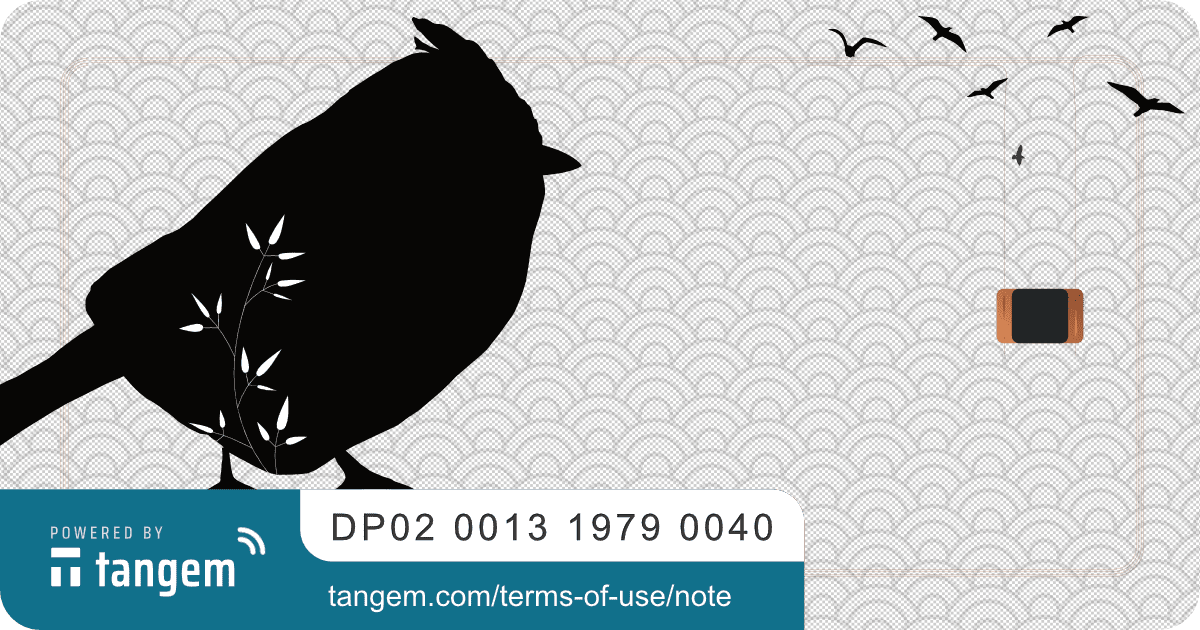 An illustration of a bird next to a pattern and a small NFC chip. Text reads: "DP02 0013 1979 0040" and "Powered by tangem, tangem.com/terms-of-use/note.