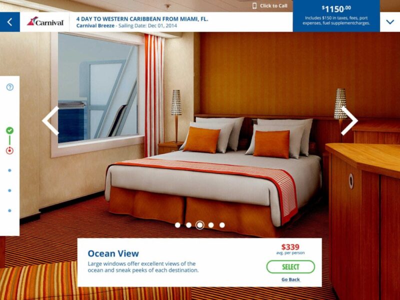 A cruise ship cabin with a large bed, orange accents, and a window showing the ocean. The price is $339 per person for an ocean view.