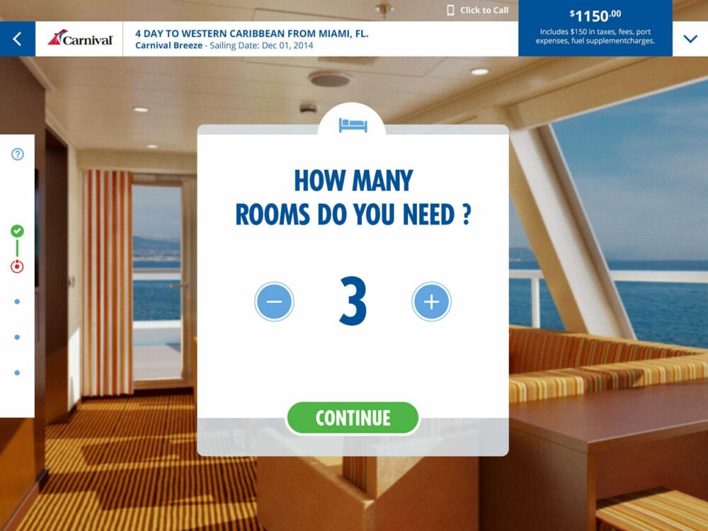 Cruise booking interface asking "How many rooms do you need?" with "3" selected. Background shows a cabin with a view of the ocean and a price detail of $1150.00 at the top right corner.