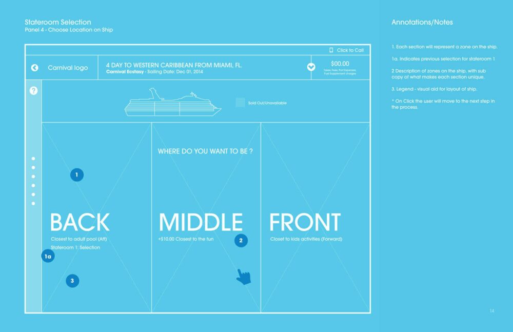 Diagram of a cruise ship stateroom selection interface. Users can choose from 'BACK,' 'MIDDLE,' or 'FRONT' locations. Features annotations on selection icons and stateroom descriptions.