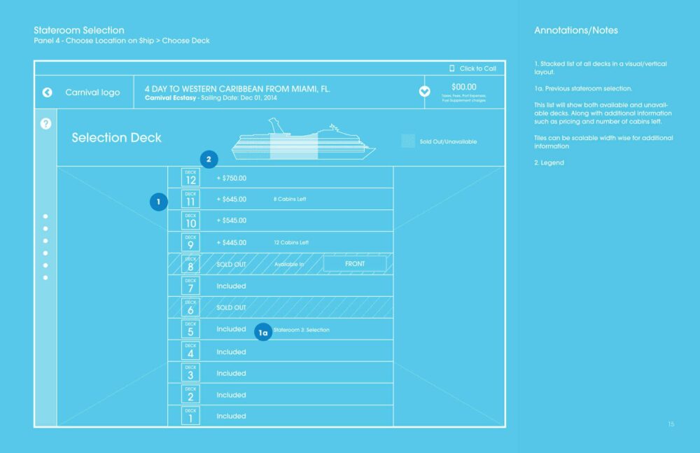 A cruise booking interface showing an option to select staterooms, pricing, ship deck layout, annotations, and notes for a 4-day trip to the Western Caribbean from Miami, FL.